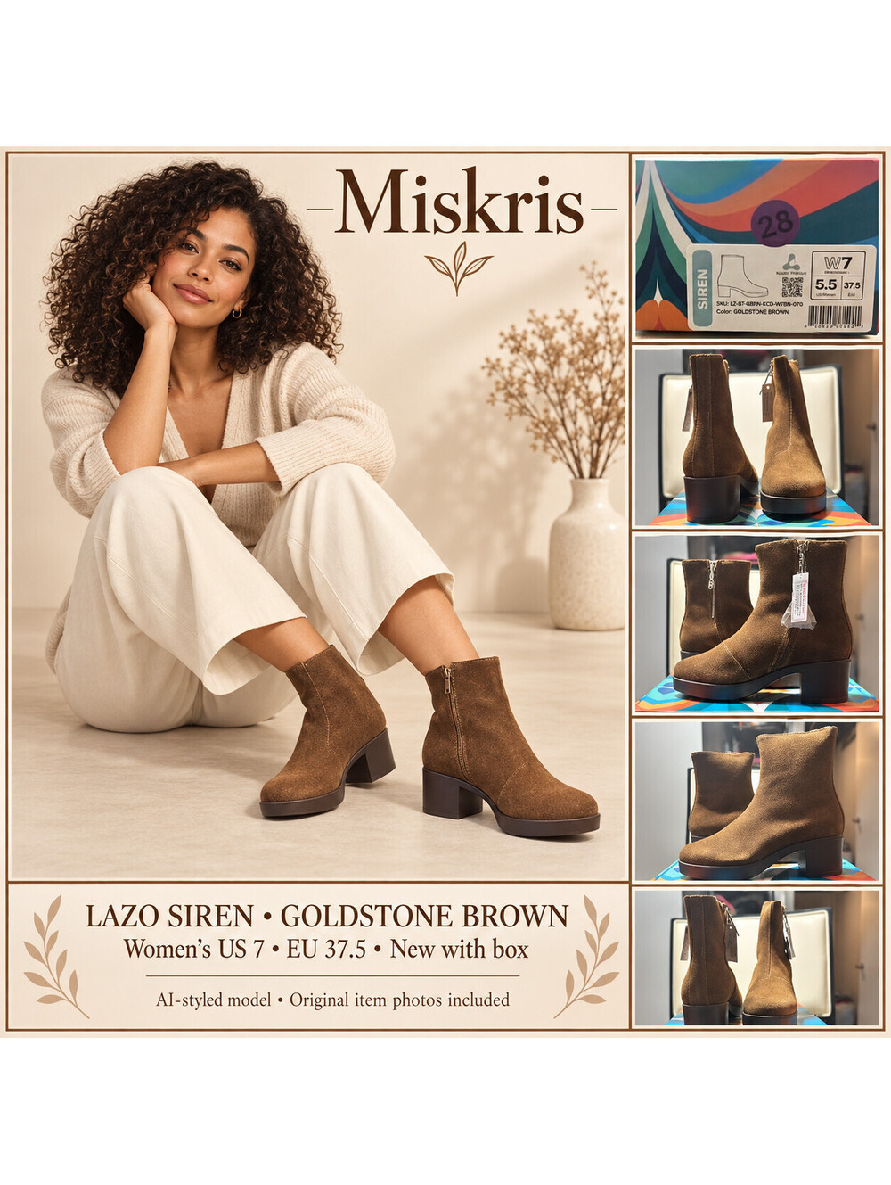 Title: Lazo Siren Goldstone Brown Suede Ankle Boots Womens 7 Platform Block Heel
